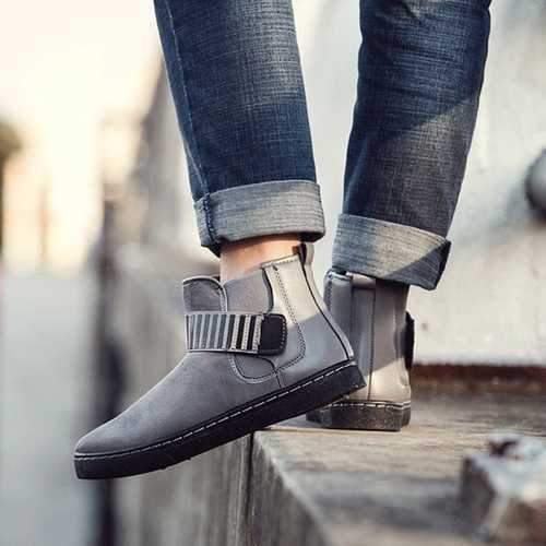 Men Hook Loop Stripe Elastic Band Comfortable Suede Ankle Boots