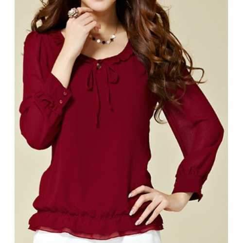 Simple Scoop Neck Long Sleeve Bowknot Embellished Solid Color Women's Blouse - Wine Red Xl