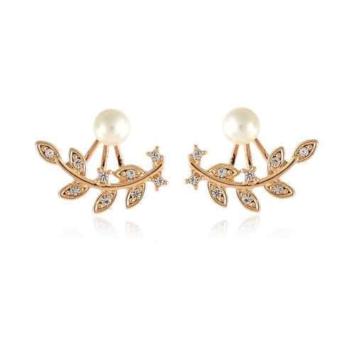 Trendy Women Rhinestone Leaf Pearl Silver Rose Gold Earrings