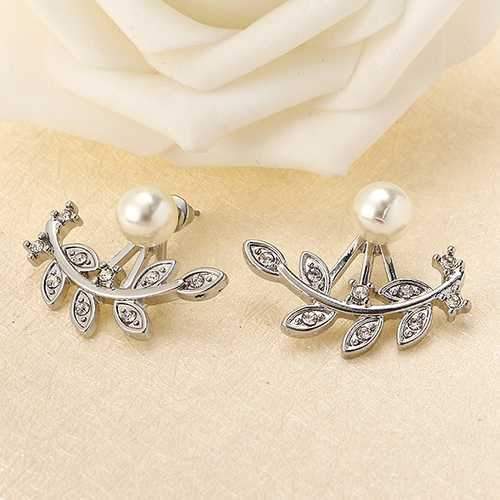 Trendy Women Rhinestone Leaf Pearl Silver Rose Gold Earrings