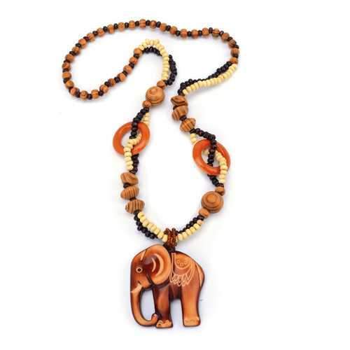 Vintage Wood Bead Fish Elephant Charm Necklace for Women