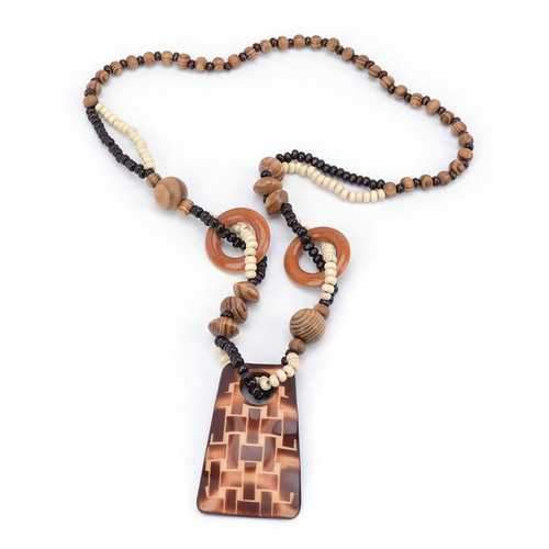 Vintage Wood Bead Fish Elephant Charm Necklace for Women