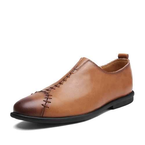 Men Comnfy Genuine Leather Cap Toe Stitching Slip On Flat