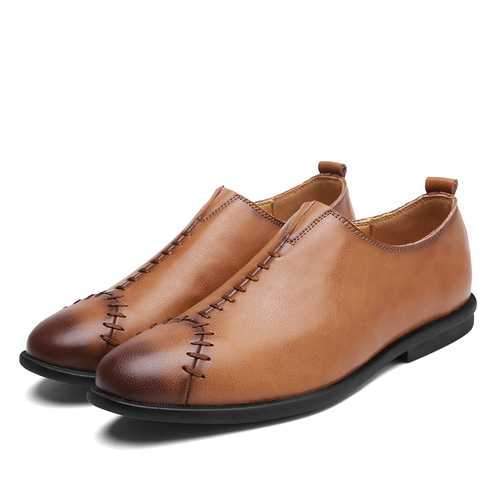 Men Comnfy Genuine Leather Cap Toe Stitching Slip On Flat