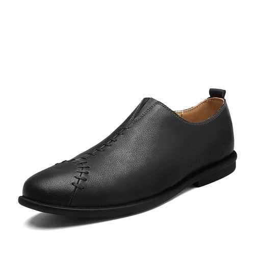 Men Comnfy Genuine Leather Cap Toe Stitching Slip On Flat