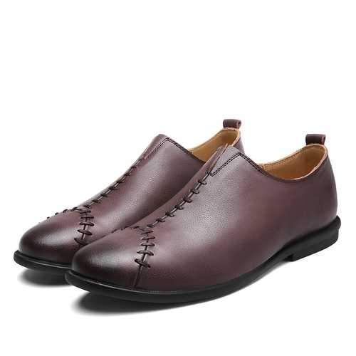 Men Comnfy Genuine Leather Cap Toe Stitching Slip On Flat