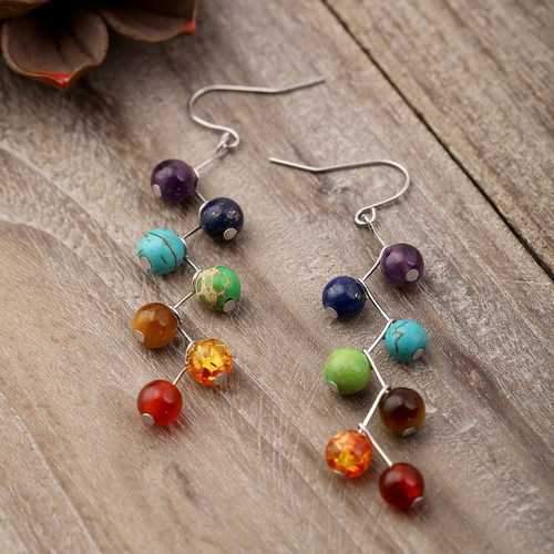 Women's Rainbow Stones Colorful Yoga Bead Dangle Earrings