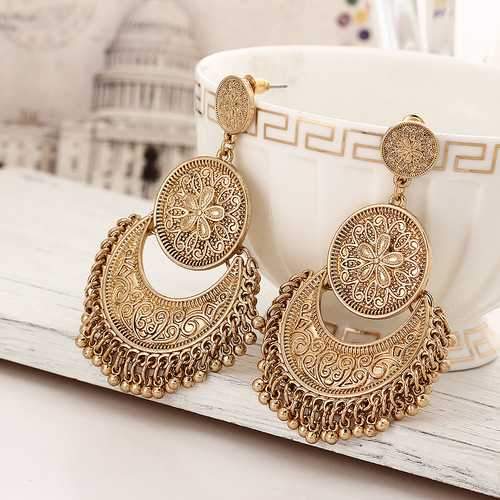 Vintage Ethnic Tassel Flower Moon Drop Dangle Women Earrings