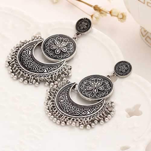 Vintage Ethnic Tassel Flower Moon Drop Dangle Women Earrings