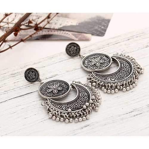 Vintage Ethnic Tassel Flower Moon Drop Dangle Women Earrings