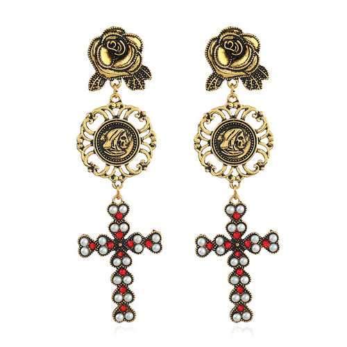 Vintage Women Rose Flower Drop Long Dangle Cross Earrings