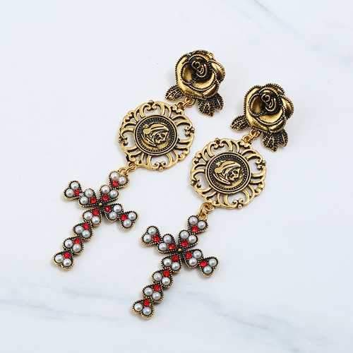 Vintage Women Rose Flower Drop Long Dangle Cross Earrings