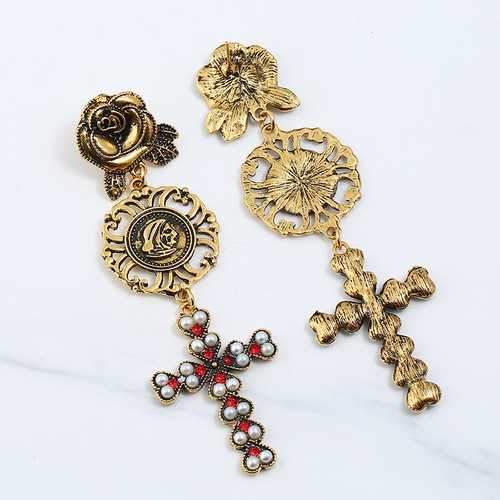 Vintage Women Rose Flower Drop Long Dangle Cross Earrings