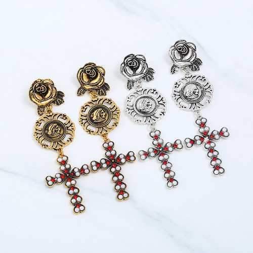 Vintage Women Rose Flower Drop Long Dangle Cross Earrings