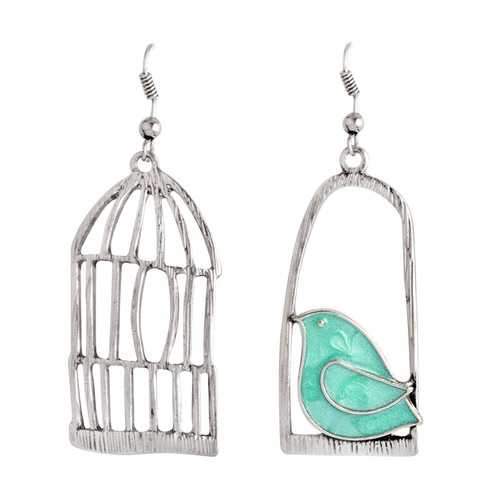 Blue Grey Bird Birdcage Fashion Asymmetric Women Earrings