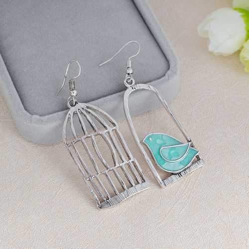 Blue Grey Bird Birdcage Fashion Asymmetric Women Earrings