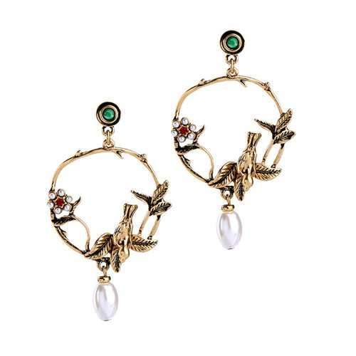 Trendy Vivid Pearl Earrings with Bird on The Tree Irregular