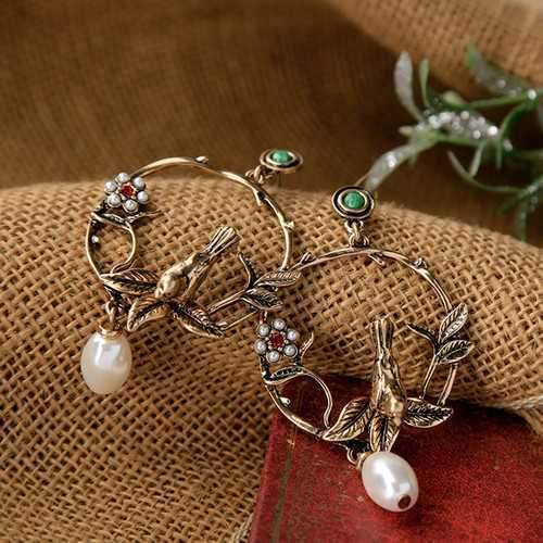 Trendy Vivid Pearl Earrings with Bird on The Tree Irregular