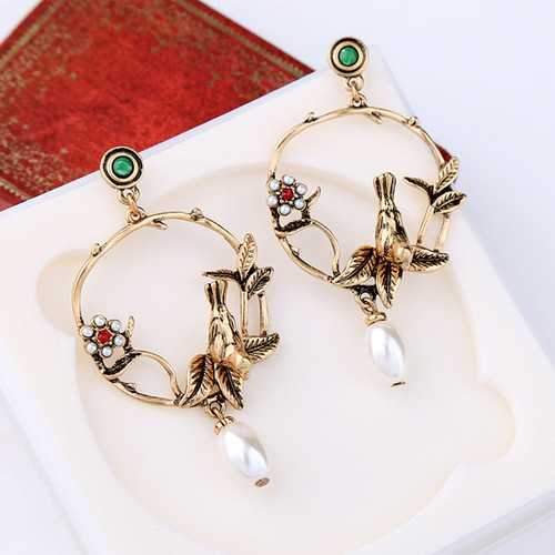 Trendy Vivid Pearl Earrings with Bird on The Tree Irregular