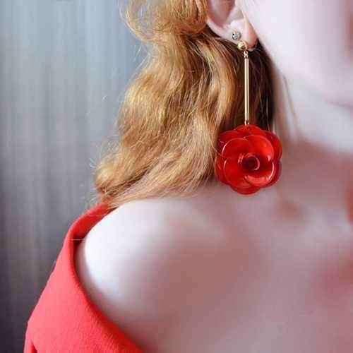 Women's Trendy 4 Colors Acrylic Flower Long Earrings Jewelry