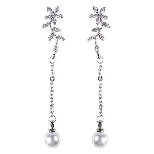 Temperament Flowers Pearl Earrings Long Zircon 925 Silver