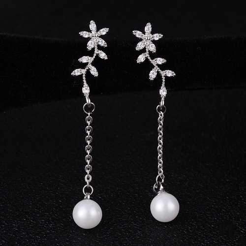 Temperament Flowers Pearl Earrings Long Zircon 925 Silver