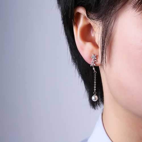 Temperament Flowers Pearl Earrings Long Zircon 925 Silver