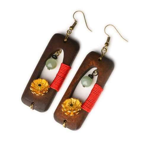 Ethnic Handmade Wood Jade Earrings Vintage Gold Daisies