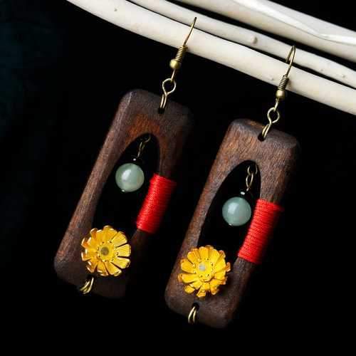 Ethnic Handmade Wood Jade Earrings Vintage Gold Daisies