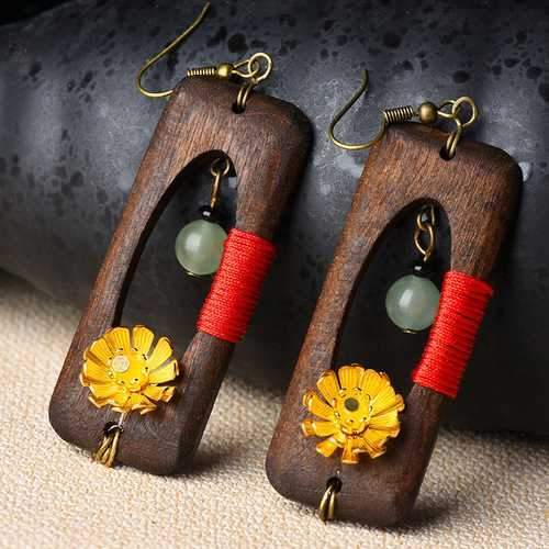 Ethnic Handmade Wood Jade Earrings Vintage Gold Daisies