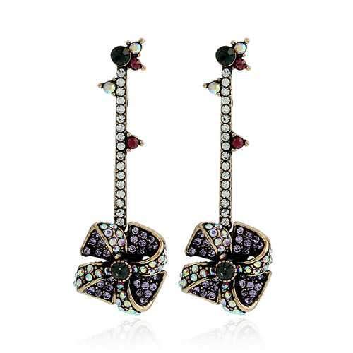 Vintage Windmill Full Rhinestones Stick Dangle Earrings