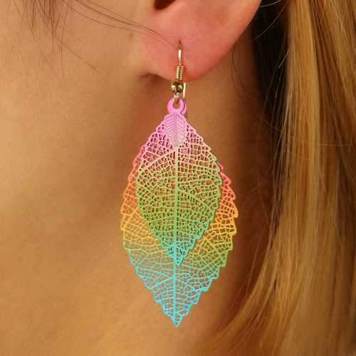 Ethnic Statement Colorful Double Layer Leaf Drop Earring