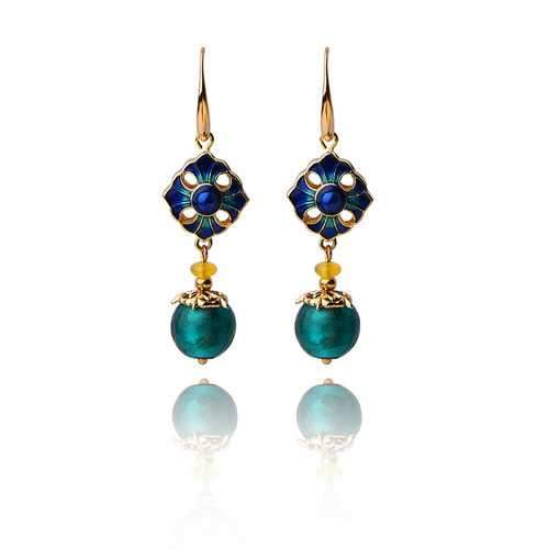 Cloisonne Flower Agate Handmade Gold Earring for Women