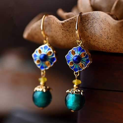 Cloisonne Flower Agate Handmade Gold Earring for Women