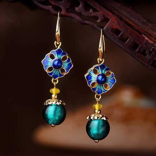 Cloisonne Flower Agate Handmade Gold Earring for Women