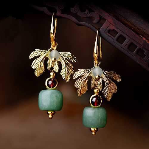 Luxury Gold Leaf Jade Charm Dangle Earring for Women