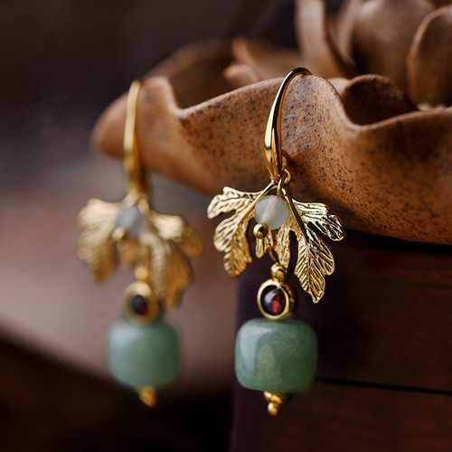 Luxury Gold Leaf Jade Charm Dangle Earring for Women