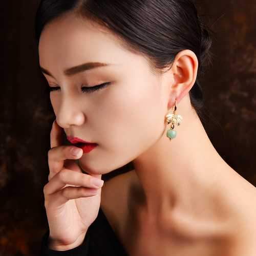 Luxury Gold Leaf Jade Charm Dangle Earring for Women