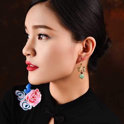 Luxury Gold Leaf Jade Charm Dangle Earring for Women