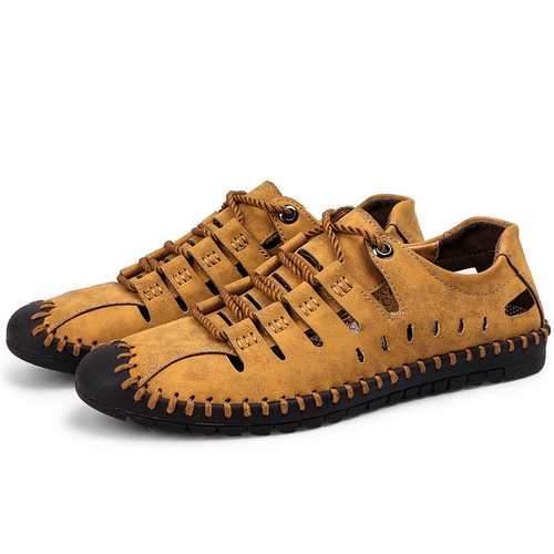 Men Hollow Out Lace Up Loafers Microfiber Leather Flats