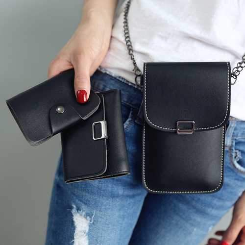 Three-piece Women PU Leather Transparent Pouch Card Holder Shoulder Bag Wallet Storage Pouch