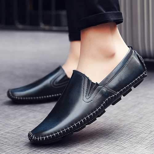 Men Casual Comfy Genuine Leather Slip On Flat Loafers