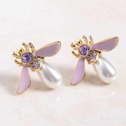 Cute Bees Ear Stud Luxury Gold Plated Gemstone Pearl Earring