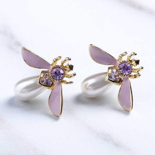 Cute Bees Ear Stud Luxury Gold Plated Gemstone Pearl Earring