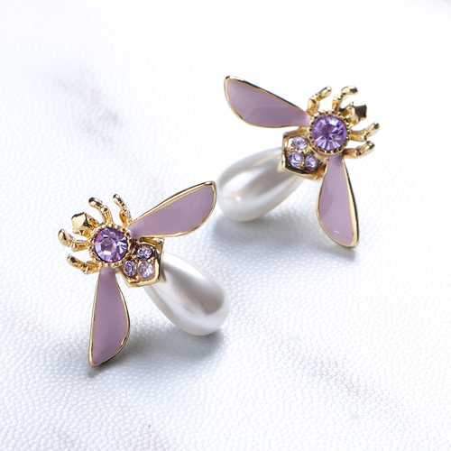 Cute Bees Ear Stud Luxury Gold Plated Gemstone Pearl Earring