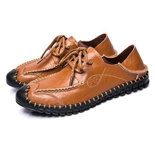 Men Soft Genuine Leather Flat Loafers Lace Up Leather Shoes