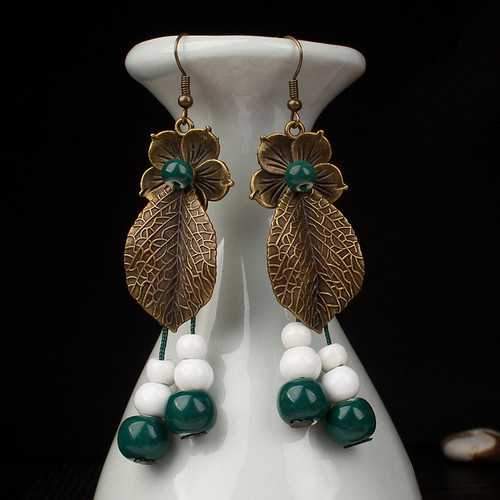 Vintage Leaves Flowers Copper Ceramic Bead Drop Earrings