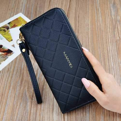 Women Large Capacity PU Leather Wrist Strap Zipper Pouch Wallet for Mobile Phone Under 5.5 Inch