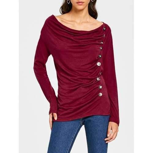 Cowl Neck Long Sleeve Button Embellished Blouse For Women - Purplish Red M