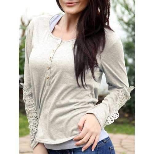 Casual Scoop Neck Lace Splicing Long Sleeve T-Shirt For Women - Off-white S